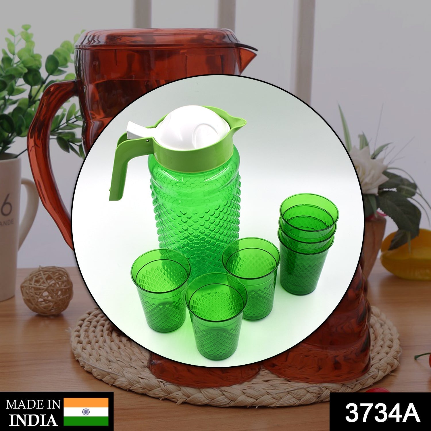 3734A Unbreakable Plastic Drinking Water/Juice Jug and 6 pieces Glass (Assorted color) 3734A Unbreakable Plastic Drinking Water/Juice Jug and 6 pieces Glass (Assorted color)